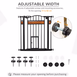 PawHut Dog Gate Pet Safety Gate W/ Cat Door Auto Close Pine Decor 74-80 cm Wide - Additional view 5