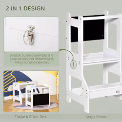 HOMCOM 2 in 1 Kids Kitchen Step Stool Helper with Safety Rail, White
