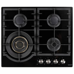 electriQ 60cm 4 Burner Gas on Glass Hob with Volcano Wok Burner - Blac