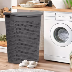 60 Litre Plastic Laundry Basket with Lid & Handles - Grey