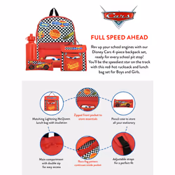 Disney Cars Backpack Set 4 Piece | Lightning McQueen Backpack Pencil Case Water Bottle and Lunch Bag | Children's Backpacks For School And Adventures