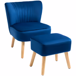 HOMCOM Velvet-Feel Accent Chair w/ Ottoman Tub Seat Padding Wood Legs Dark Blue