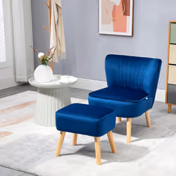 HOMCOM Velvet-Feel Accent Chair w/ Ottoman Tub Seat Padding Wood Legs Dark Blue