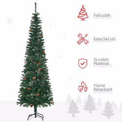 HOMCOM 6.5FT Artificial Slim Christmas Tree Holiday Home DÃ©cor with Pine Cones