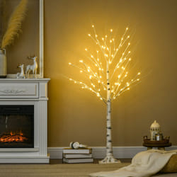HOMCOM 5ft Artificial White Birch Tree Light w/ 96 Warm White Pre-Lit LED Light