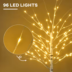 HOMCOM 6ft Artificial White Birch Tree Light w/ 96 Warm White Pre-Lit LED Light