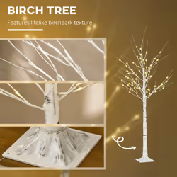 HOMCOM 6ft Artificial White Birch Tree Light w/ 96 Warm White Pre-Lit LED Light