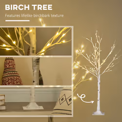 HOMCOM 4ft Artificial White Birch Tree Light w/ 72 Warm White Pre-Lit LED Light