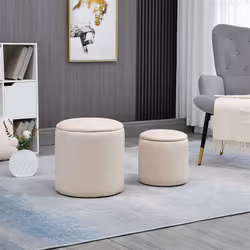HOMCOM Modern Fabric Storage Ottoman with Removable Lid, Set of 2, Cream White