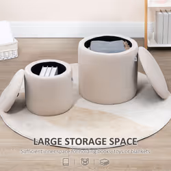 HOMCOM Modern Fabric Storage Ottoman with Removable Lid, Set of 2, Cream White