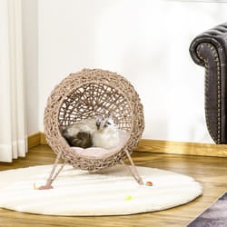 PawHut Wicker Cat House, Ball-Shaped Rattan Raised Cat Bed - Natural Wood Finish