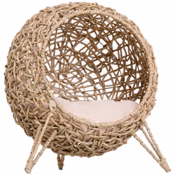 PawHut Wicker Cat House, Ball-Shaped Rattan Raised Cat Bed - Natural Wood Finish - Additional view 4