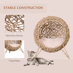PawHut Wicker Cat House, Ball-Shaped Rattan Raised Cat Bed - Natural Wood Finish - Additional view 5