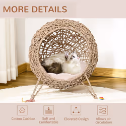 PawHut Wicker Cat House, Ball-Shaped Rattan Raised Cat Bed - Natural Wood Finish - Additional view 6