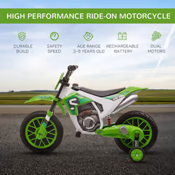 HOMCOM 12V Kids Electric Motorbike Ride-On Motorcycle w/ Training Wheels - Green