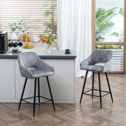 HOMCOM Bar Stools Set of 2 Velvet-Touch Fabric Counter Bar Chairs Grey