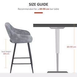 HOMCOM Bar Stools Set of 2 Velvet-Touch Fabric Counter Bar Chairs Grey - Additional view 4