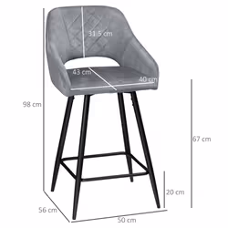 HOMCOM Bar Stools Set of 2 Velvet-Touch Fabric Counter Bar Chairs Grey - Additional view 8