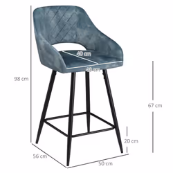 HOMCOM Bar Stools Set of 2, Velvet-Touch Fabric Counter Height Bar Chairs Blue - Additional view 8