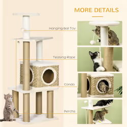 PawHut Cat Tree Climbing Tower w/ Scratching Post, Cat House, Hanging Toy Ball