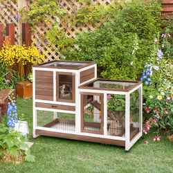 PawHut Wooden Indoor Rabbit Hutch Elevated Bunny Cage with Enclosed Run W/ Wheel