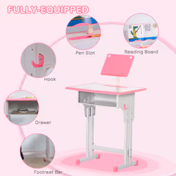 HOMCOM Kids Desk and Chair Set w/ Drawer, Book Stand, Pen Slot, Pink