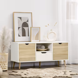 HOMCOM TV Cabinet Entertainment Centre w/ Storage Cabinet and Drawer, Natural