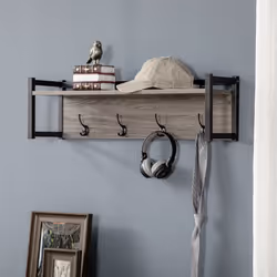 HOMCOM Rustic Wall-Mounted Coat Rack Floating Shelf with 4 Hooks for Entryway