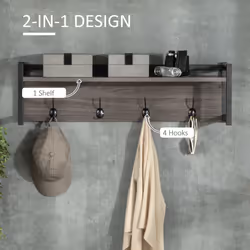 HOMCOM Rustic Wall-Mounted Coat Rack Floating Shelf with 4 Hooks for Entryway