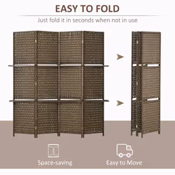 HOMCOM 4 Panel Folding Room Dividers, Privacy Screen Panels w/ Shelf, Brown