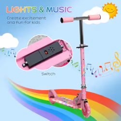 HOMCOM Kids Scooter 2 Wheels W/ Lights Music Adjustable Height Foldable - Pink