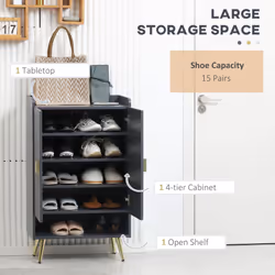HOMCOM Shoe Storage Cabinet with Beadboard Doors for 15 Pairs of Shoes, Grey - Additional view 8