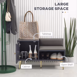 HOMCOM Upholstered Entryway Shoe Bench with Storage Cabinet Open Shelf Grey