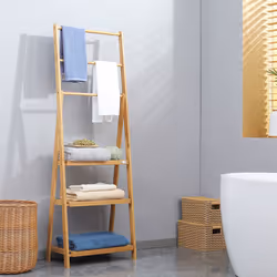 kleankin Foldable Natural Bamboo Towel Rack with 3 Towel Rails and 3 Shelves