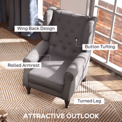 HOMCOM Accent Armchair Home Furniture Tufted Club Wood Fabric, Dark Grey