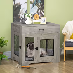 PawHut Modern Pet Crate End Table w/ Double Doors, Drawer, for Medium Dogs