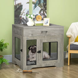 PawHut Modern Pet Crate End Table w/ Double Doors, Drawer, for Medium Dogs