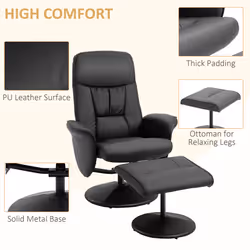 HOMCOM PU Leather 2 Pcs Reclining Armchair Ottoman 360 Swivel Black - Additional view 5