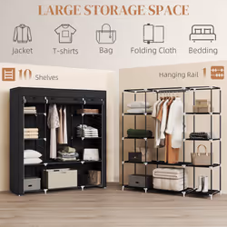 HOMCOM Fabric Wardrobe with 10 Shelves 1 Hanging Rail Foldable Closets Black