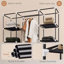 HOMCOM Fabric Wardrobe with 10 Shelves 1 Hanging Rail Foldable Closets Black - Additional view 5