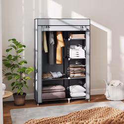HOMCOM Fabric Wardrobe w/ Shelves Hanging Rail Foldable Closets Light Grey - Additional view 6