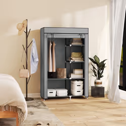 HOMCOM Fabric Wardrobe w/ Shelves Hanging Rail Foldable Closets Light Grey - Additional view 7