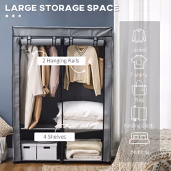 HOMCOM Fabric Wardrobe w/ 4 Shelves 2 Hanging Rails Foldable Closets Light Grey