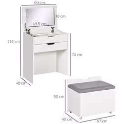 HOMCOM Dressing Table with Mirror and Stool, Vanity Table with Storage, White - Additional view 7