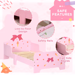 ZONEKIZ Kids Toddler Bed w/ Cute Patterns, Safety Rails - Pink