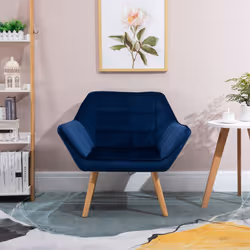 HOMCOM Luxe Velvet-Feel Accent Chair w/ Wide Arms Slanted Back Wood Legs Blue