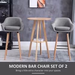 HOMCOM 2 PCs Upholstered Bucket Seat Bar Stools w/ Solid Wood Legs Grey