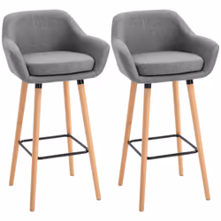 HOMCOM 2 PCs Upholstered Bucket Seat Bar Stools w/ Solid Wood Legs Grey - Additional view 7