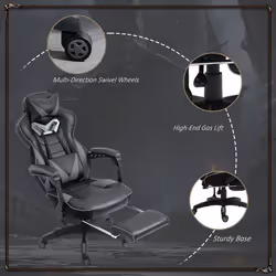 Vinsetto Gaming Chair Ergonomic Reclining Manual Footrest Wheels Stylish Grey - Additional view 7