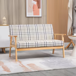 HOMCOM Two Seater Sofa with Rubber Wood Frame Linen Fabric Small Couch Beige